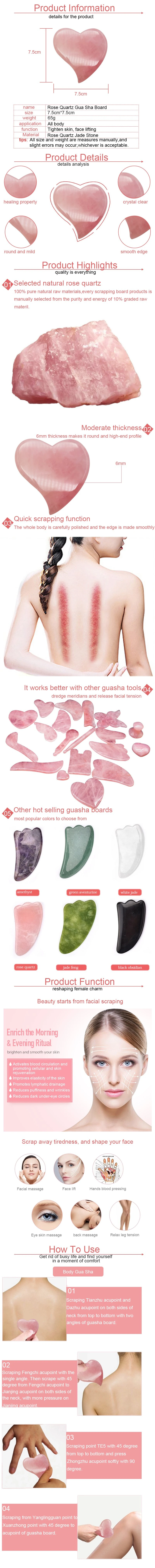 Beauty Pink Guasha Board Natural Rose Quartz Jade Stone Ghuasha Board for Facial Massage