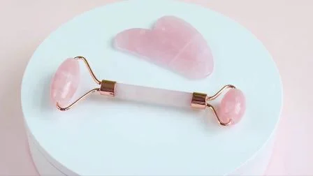 Venta al por mayor Natural Rose Quartz Jade Roller Amethyst Crystal Gua Sha Set Face SPA Guasha Stone Herramientas de masaje facial