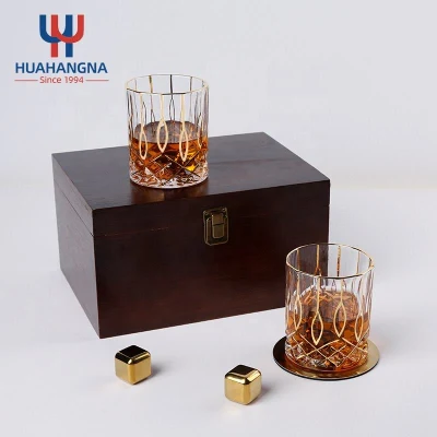 Caja de regalo de lujo con adornos dorados, juego de vasos de whisky de cristal doble antiguo para whisky irlandés Bourbon, cóctel, agua, fiesta de Bar en casa