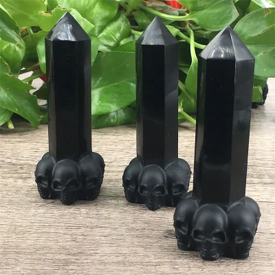 Columna de punto de cristal de varita de calaveras talladas en piedra de obsidiana negra Natural para decoración de Halloween