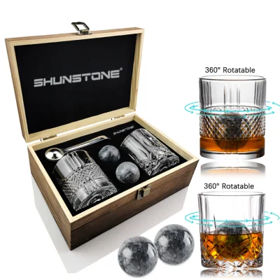 Vasos modernos giratorios copa de vino cristal whisky cristal whisky piedras bola juego de regalo con caja de madera para hombre