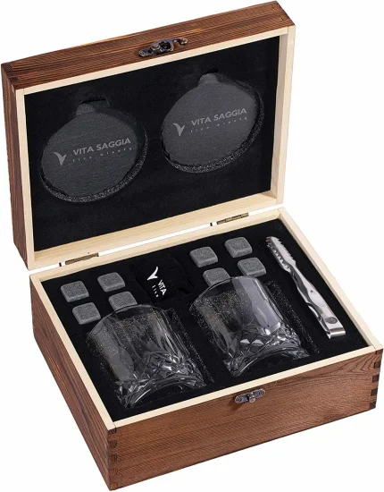 Set de regalo de cristalería de bar 11oz 330ml Juego de vasos de whisky trenzados de roca cristalina única con bolas de whisky y caja de madera