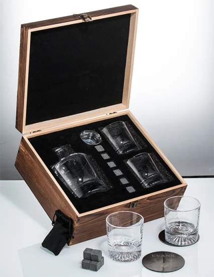 Juego de 3 vasos de whisky Bourbon de cristal y decantador de licor de cristal de 750 ml en caja de regalo premium